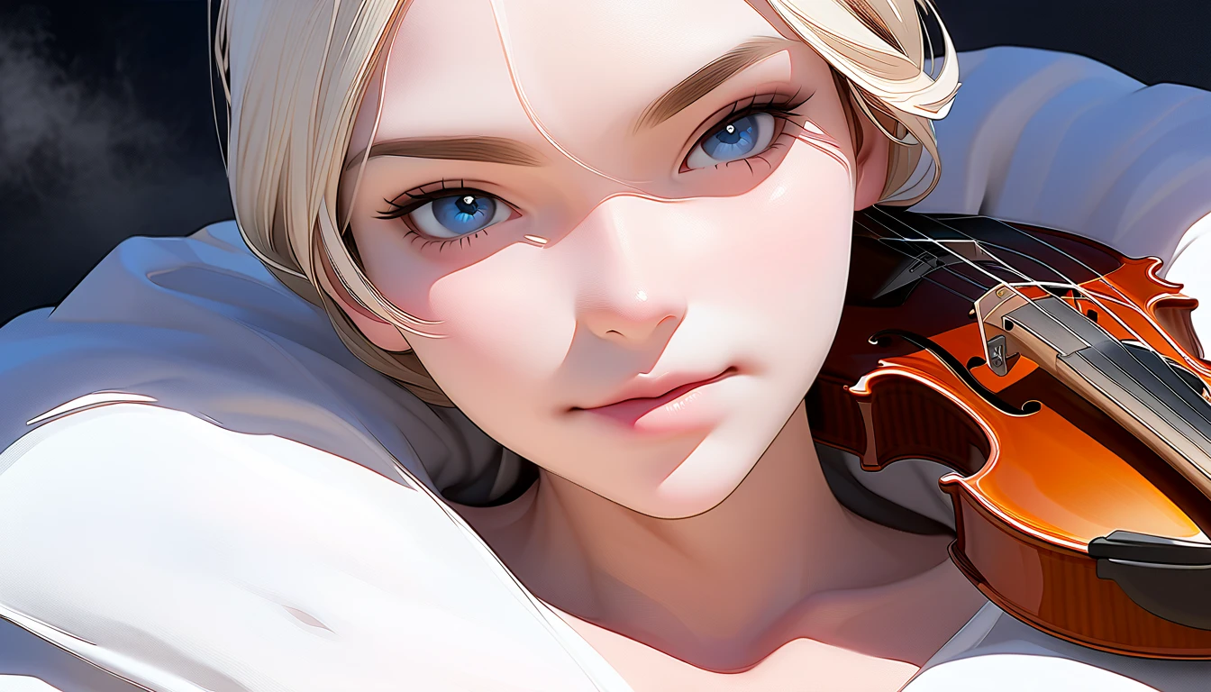 (masterpiece,  top quality :1.2),  1 girl, Alone,  3D illustration of a sexy slim fit woman with big breasts in her 20s drawn by ,  beautiful girl , girl playing violin ( detailed face ,  detail eyes,  beautiful eyes)