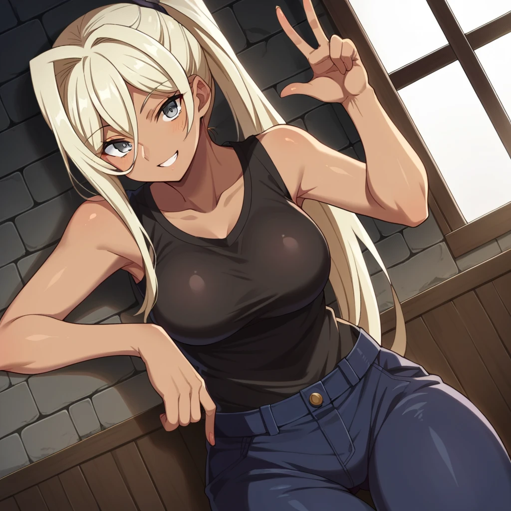 score_9, score_8_front, score_7_front, White Background 
kuroinuchloe, chloe, long hair, blonde hair, dark skin, dark-skinned female, Gray eyes, hair up, front angle, sleeveless t-shirt, two-tone hair, black and blonde
White_t-shirt, bewitching thighs, baggy pants
indoors, dungeon, growing breast, sit wall
looking at viewer, cowboy shot, dutch angle, solo, smile, greeting the viewer, victory greeting