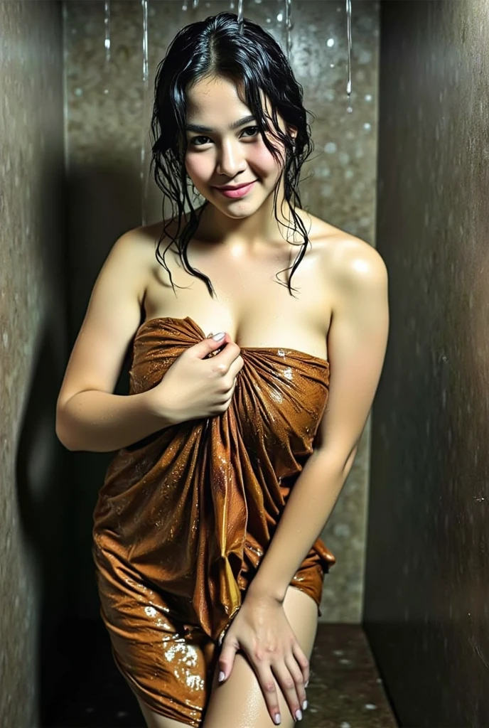 Beautiful indonesian girl, wet hair, a bit chubby, wearing sarong, upper body, bathing under the shower,  selfie in the bathroom, Look at the viewer, wide angle full body shot,