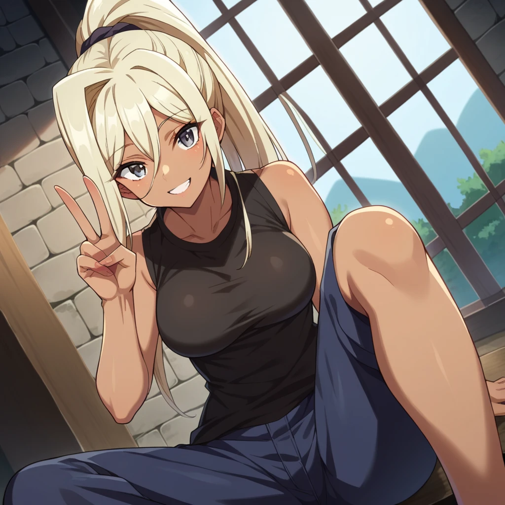 score_9, score_8_front, score_7_front, White Background 
kuroinuchloe, chloe, long hair, blonde hair, dark skin, dark-skinned female, Gray eyes, hair up, front angle, sleeveless t-shirt, two-tone hair, black and blonde
White_t-shirt, bewitching thighs, baggy pants
indoors, dungeon, growing breast, sit wall
looking at viewer, cowboy shot, dutch angle, solo, smile, greeting the viewer, victory greeting