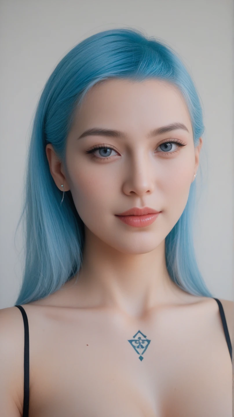 Ultra-high definition 2D art, close-up (1 woman), light blue hair, 2D animation style, soft and delicate depiction, attention also on her full-body tattoos (full-body art), landscape mode, masterpieces by Guweiz and James Jean, tattoo expert designs by CGSCOSITY, etc. A beautiful blue-haired girl who became a hot topic at the trend art station of Japan.