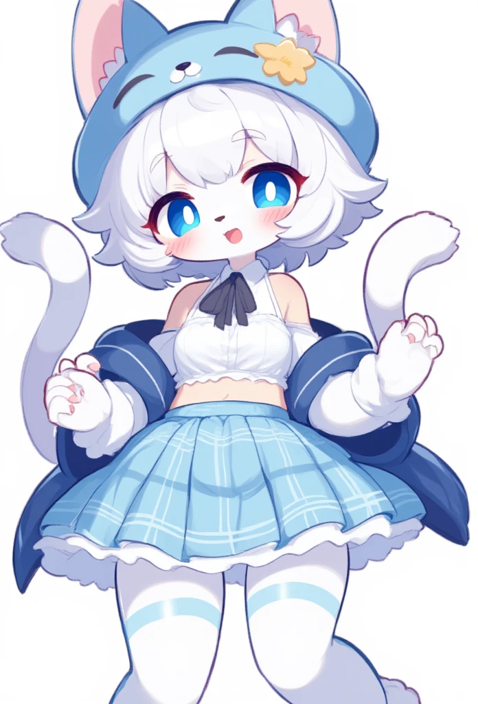 1furry girl, long white stockings with light blue stripes on the thighs, light blue plaid skirt, short white shirt,the shirt does not cover the abdomen, with black tie, light blue cat hat , short white hair, blushing face,,