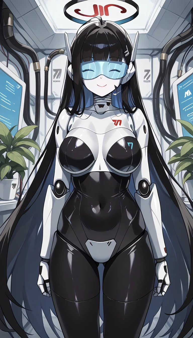 masterpiece, best quality, extremely detailed, (8K, 4K, Best Quality, hight resolution, 超A high resolution:1.1), ,8k portrait, Japaese android Girl,Plump , dark black leg cover,announcer,control panels,android,Droid,Mechanical Hand, Robot arms and legs, Black Robot Parts,Black long hair,Mechanical body,Blunt bangs,perfect mechanical abdomen,White robotics parts,perfect robot woman,future laboratory,cyber pank,charging spot,laboratory,long tube,thick cable connected her neck,white ceramic body ,perfect mechanical body, white robot body,lod antenna,mechanical ear cover,android,robot humanoid,black sponge joints,The removable cover is in the groin,The connection port is in the groin,opened chest panel,access panel on the chest,opened breast panel,perfect mechanical breast,perfect black machine body,perfect black android body,She has repaired,assembly plant,dark black tights,dark black leggings,smile,no human skin,visor,mistyrobot,rio(blue archive)