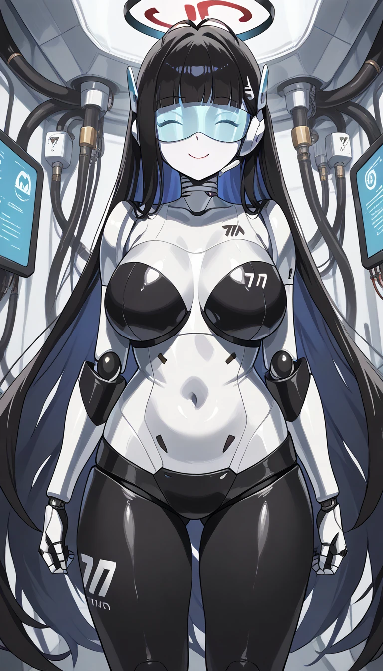 masterpiece, best quality, extremely detailed, (8K, 4K, Best Quality, hight resolution, 超A high resolution:1.1), ,8k portrait, Japaese android Girl,Plump , dark black leg cover,announcer,control panels,android,Droid,Mechanical Hand, Robot arms and legs, Black Robot Parts,Black long hair,Mechanical body,Blunt bangs,perfect mechanical abdomen,White robotics parts,perfect robot woman,future laboratory,cyber pank,charging spot,laboratory,long tube,thick cable connected her neck,white ceramic body ,perfect mechanical body, white robot body,lod antenna,mechanical ear cover,android,robot humanoid,black sponge joints,The removable cover is in the groin,The connection port is in the groin,opened chest panel,access panel on the chest,opened breast panel,perfect mechanical breast,perfect black machine body,perfect black android body,She has repaired,assembly plant,dark black tights,dark black leggings,smile,no human skin,visor,mistyrobot,rio(blue archive)