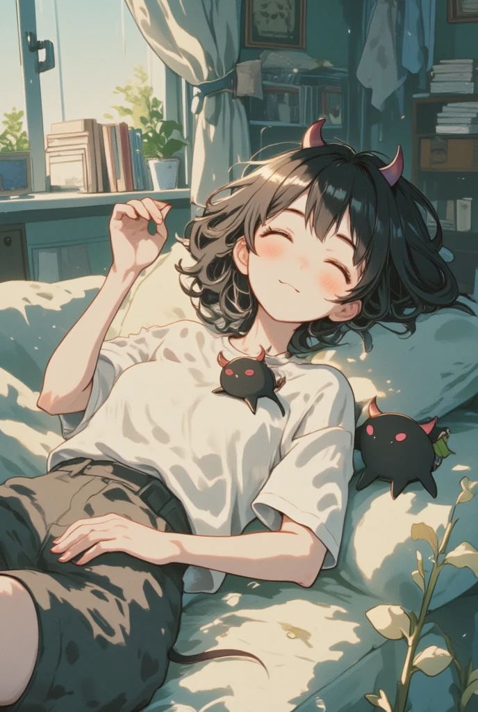 A woman dozing off on the sofa, a cute little demon sitting on her chest and waving with a smile, cute dream-like illustration art, ultra detailed, absolutely resolution, masterpiece