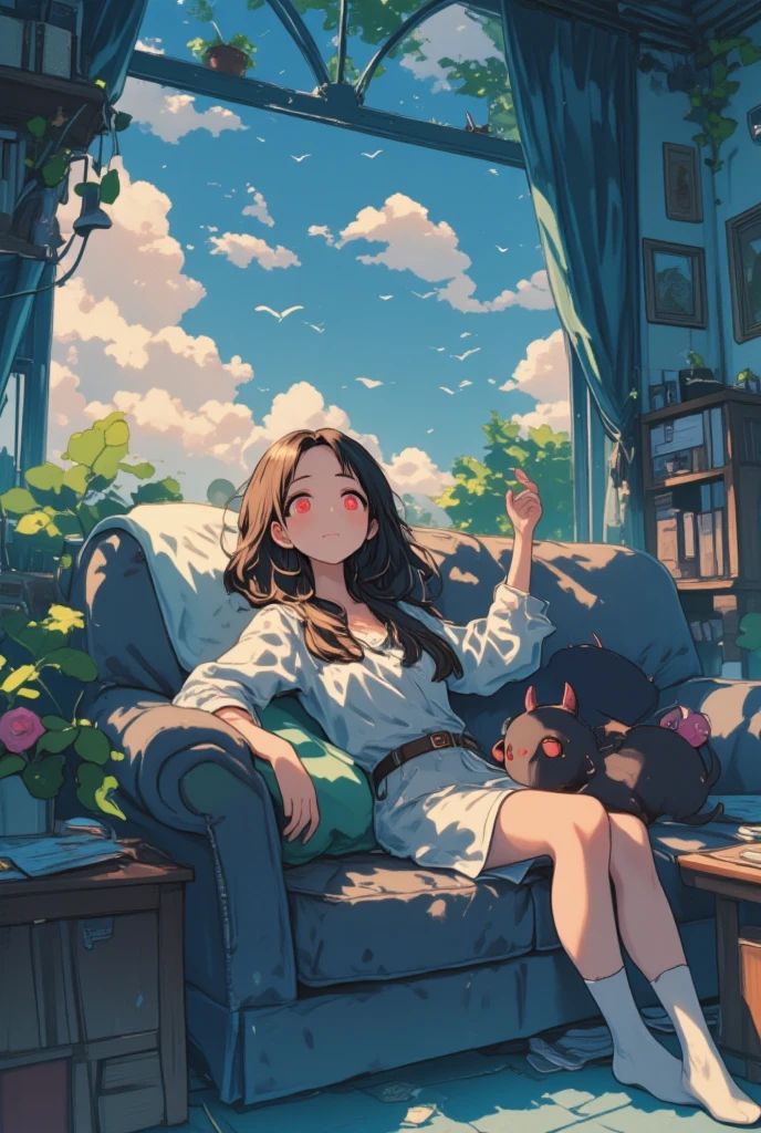 A woman dozing off on the sofa, a cute little demon sitting on her chest and waving with a smile, cute dream-like illustration art, ultra detailed, absolutely resolution, masterpiece