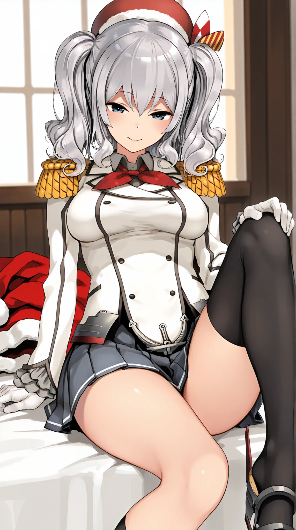  Young Beautiful Woman,(masterpiece:1.3, top quality :1.3, very detailed depiction:1.3, incredible high resolution:1.3,Beautiful legs, healthy legs,Curvaceous Body,High quality anime drawings),(Kashima/( kancolle /):1.2), pleated skirt, black knee-high socks, blue eyes,loosely wavy silver hair , Santa Claus hat,Outfit , twin tails,Santa Claus uniform , bewitching smile ,Seductive gestures