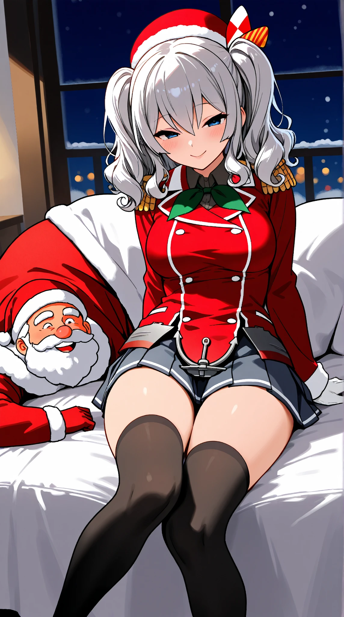  Young Beautiful Woman,(masterpiece:1.3, top quality :1.3, very detailed depiction:1.3, incredible high resolution:1.3,Beautiful legs, healthy legs,Curvaceous Body,High quality anime drawings),(Kashima/( kancolle /):1.2), pleated skirt, black knee-high socks, blue eyes,loosely wavy silver hair , Santa Claus hat,Outfit , twin tails,Santa Claus uniform , bewitching smile ,Seductive gestures