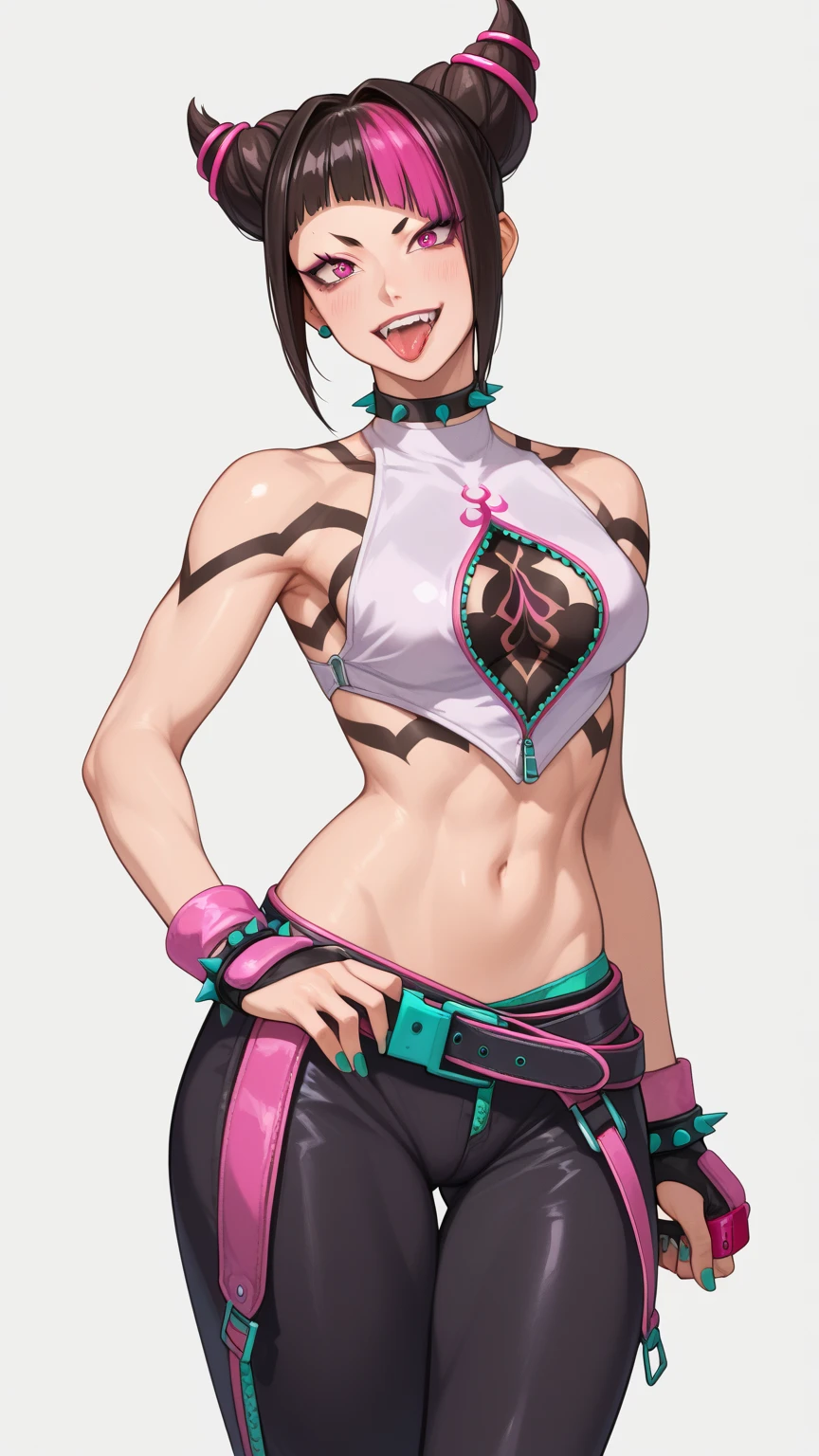 Juri standing now wears a tiny, sleeveless, cropped top in white with pink trim and a green zipper on the back. Black body tapes are threaded under the top, creating a spider pattern that extends down her torso and crotch. For the bottom, she chooses unconventional black baggy pants with pink and neon teal trim and a distinctive large crotch cutout that reveals her white tights underneath. The pants also have green zippers on the medial side of the legs. her right eye remains purple, but her left eye is green Juri's accessories include black fingerless gloves and ankle cuffs, all with thick pink padding. Four black bracelets with neon teal spikes adorn her wrists and ankles, with a matching spiked choker around her neck. Loosely wrapped around her waist is an extra-long black belt with pink trim and a Taiji motif on the buckle. Her fingernails and toenails are painted neon teal. She also carries a smartphone in a light pink case with two horns to match her hairstyle.