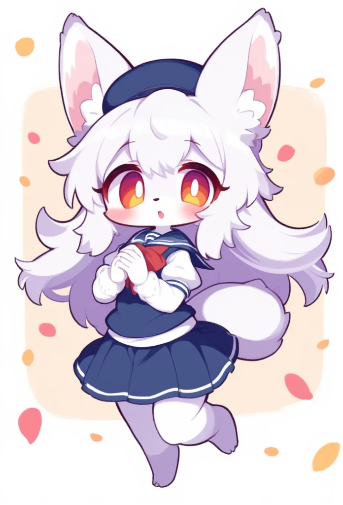 1girl, (furry girl, anthro fox1.5), cute flat 2d anime illustration,, fox ears, fox tail, animal nose, long hair, closed eyes, open mouth, white hair, blush, sailor collar, short hair, :d, collarbone, hat, skirt, school uniform, short sleeves, beret, puffy sleeves, shirt, puffy short sleeves, vest, pleated skirt, bowtie, petals, bow, solo, white background, simple background, cowboy shot, dutch angle, blue skirt, white headwear, red bow, white sailor collar, smile, blue vest, white shirt, hands on own chest