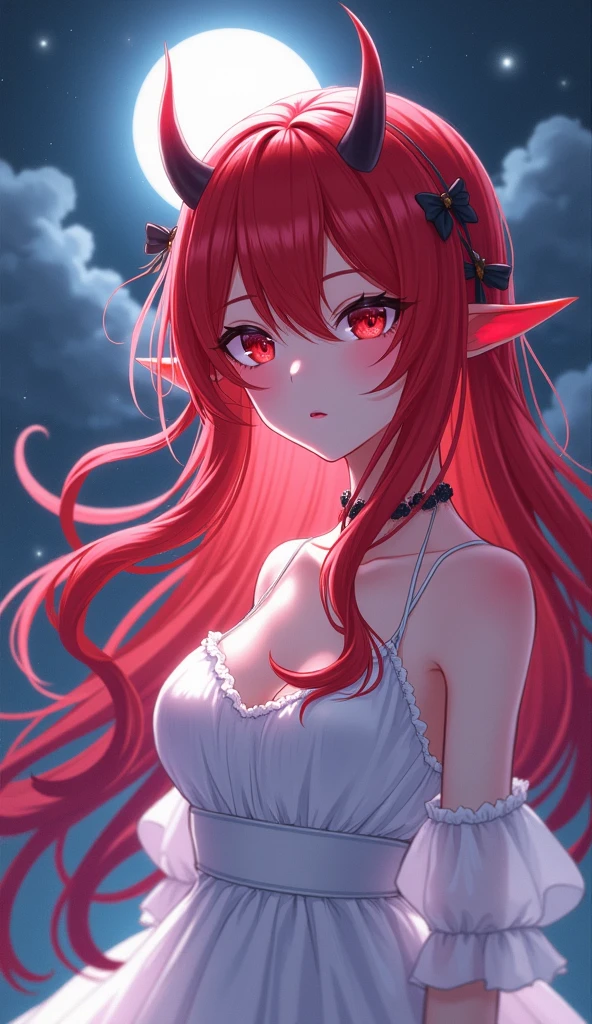 Create a beautiful red night with a red moon, red hair, yellow eyes, japanese girl, cleavage, busty,