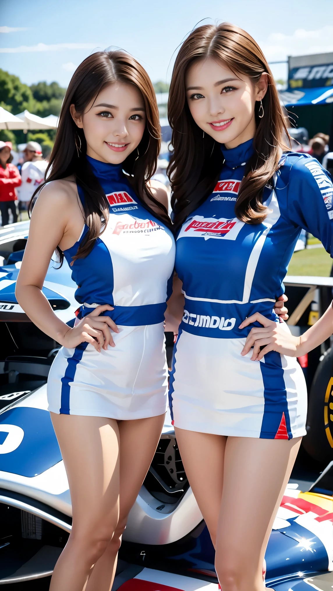 Race queens smiling in front of a formula car on the starting grid before the race