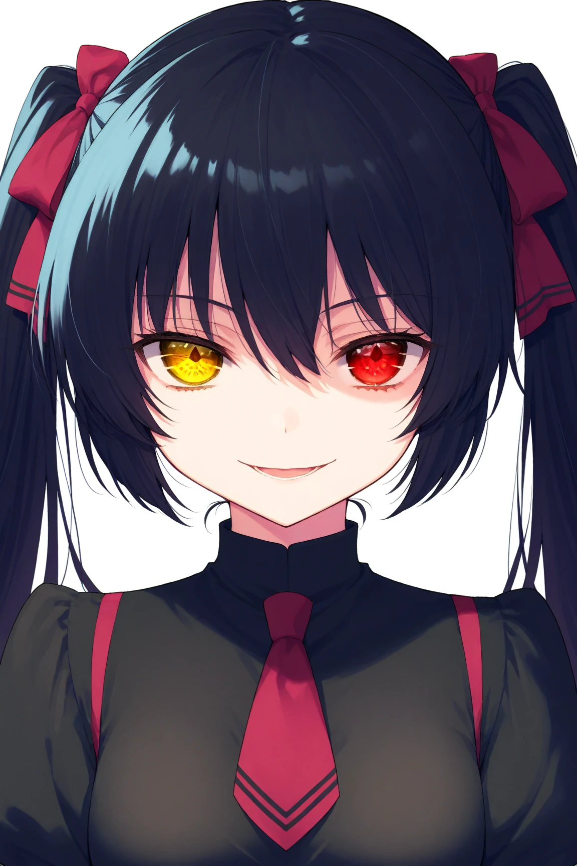 score_9,score_8_up,source_anime,1girl,solo,TokisakiKurumi,black hair,twintails,heterochromia,red eye,yellow eye,clock eyes,close-up,face,evil smile,