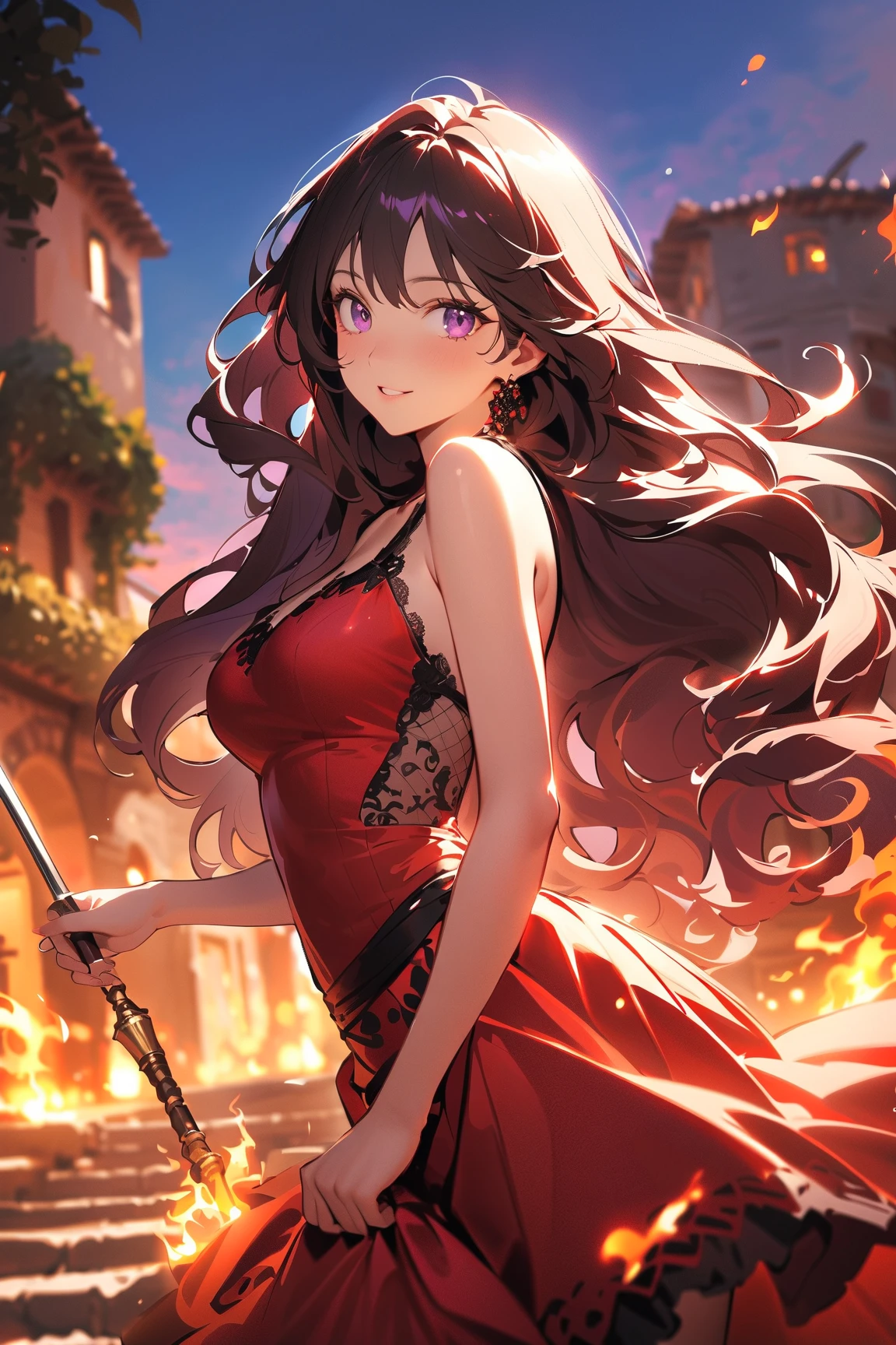 (obra maestra) (La mejor calidad) In a dark room of a strange reddish mist and golden sparks emerges a beautiful and beautiful witch of demonic appearance and great magical powers.............. Your hair is being lifted upwards by a mysterious wind.