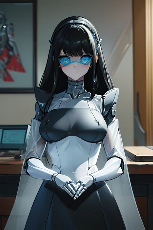 (masterpiece),(Highest quality),(Super detailed),(Best illustrations),(Best Shadow),(Absurd),(Detailed Background),(so beautiful), 16K, 8K, 4K,(Best Shadow),robotization,woman ,big bust,Robot Joint ,Metal skin,Black robot Suit,long hair,a black robot suit that covers the whole body,robot hand,cyber bodysuit,mecha head,(Detailed hands and fingers:1.2),Ball joint robot body,doll joint,beautiful face,beautiful robot girl,robotic eye,robotic hands,(no more human skin),android girl,cyborg girl,F cup, sexy body,(machine made joints:1.2),(machanical limbs:1.1),(blood vessels connected to tubes),(mechanical vertebra attaching to back),(mechanical cervial attaching to neck),no messy picture style,no emotion,tech control,black robot suit,maintenance