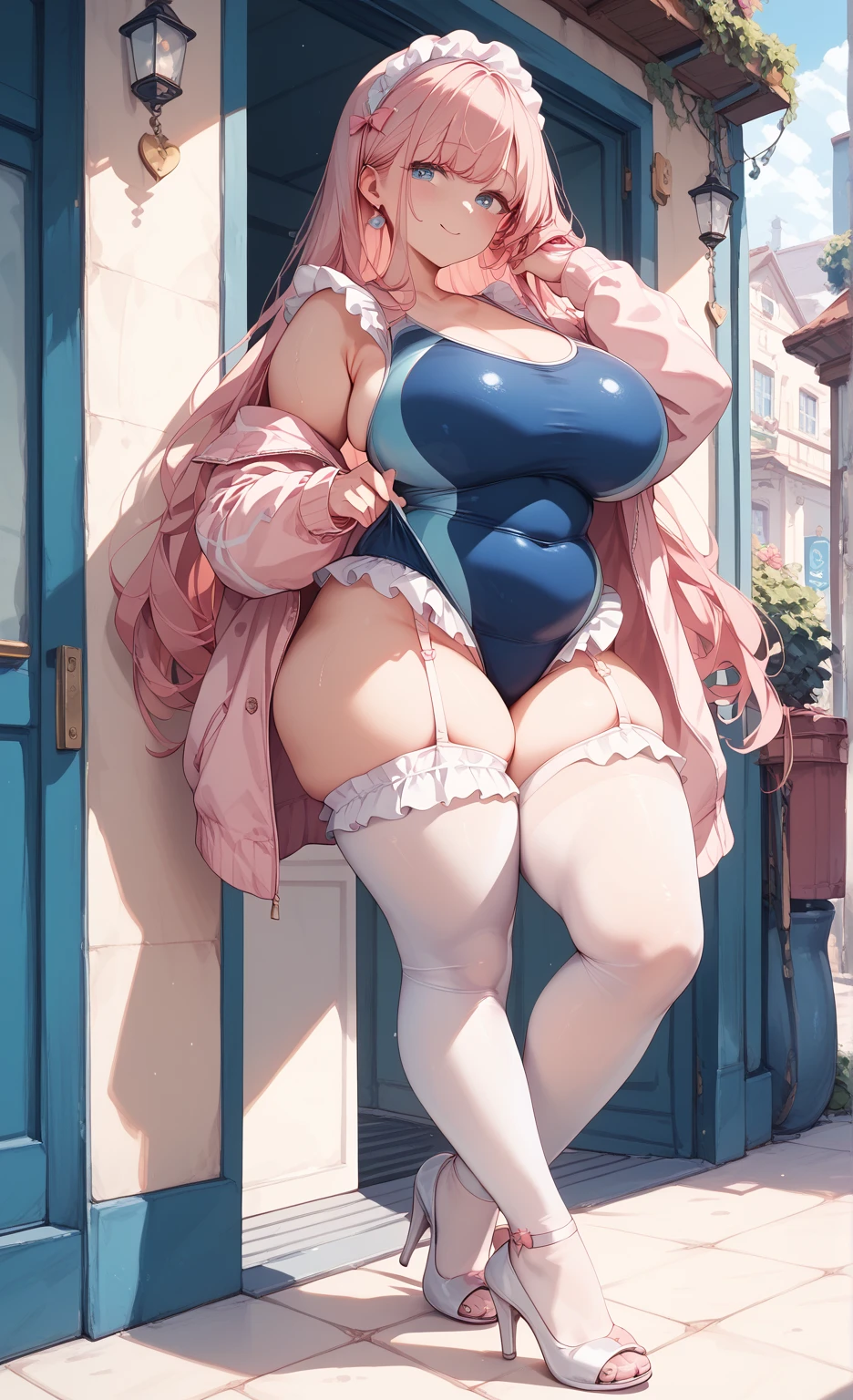   pink frill competitive swimsuit　　 frilly competition swimsuit 　 leotards　pink color pants , Super long hair,  Big Breasts , White tights　 Garter Belt　 high heels　 Around Town Plump Thighs