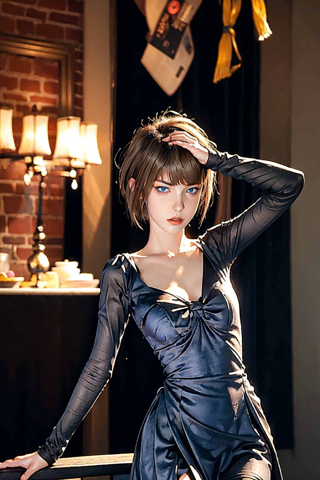 close up shot, 1girl, angry face, mad, blue eyes, ginger, short hair, slender feminine body, gothic dress, revealing cleavage, seductive gaze, sexually provocating pose, realistic, high quality, masterpiece, super quality, HD, HDR, UDH, QHD, 4K, 8K, RAW, Retina, trending on deviantart, trending on tumblr, (best image:1.2), (ultra quality:1.3), (highly detailed), photographic, high memory, (pistol on hand:1.2)