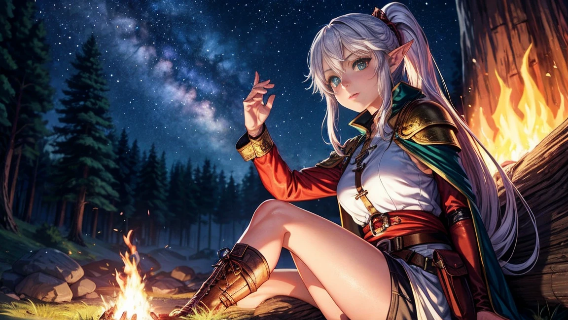 sexy elf woman with white hair, wearing medieval dress having fun dancing around the campfire with crowd under the moon light at the center of medieval forest at midnight.