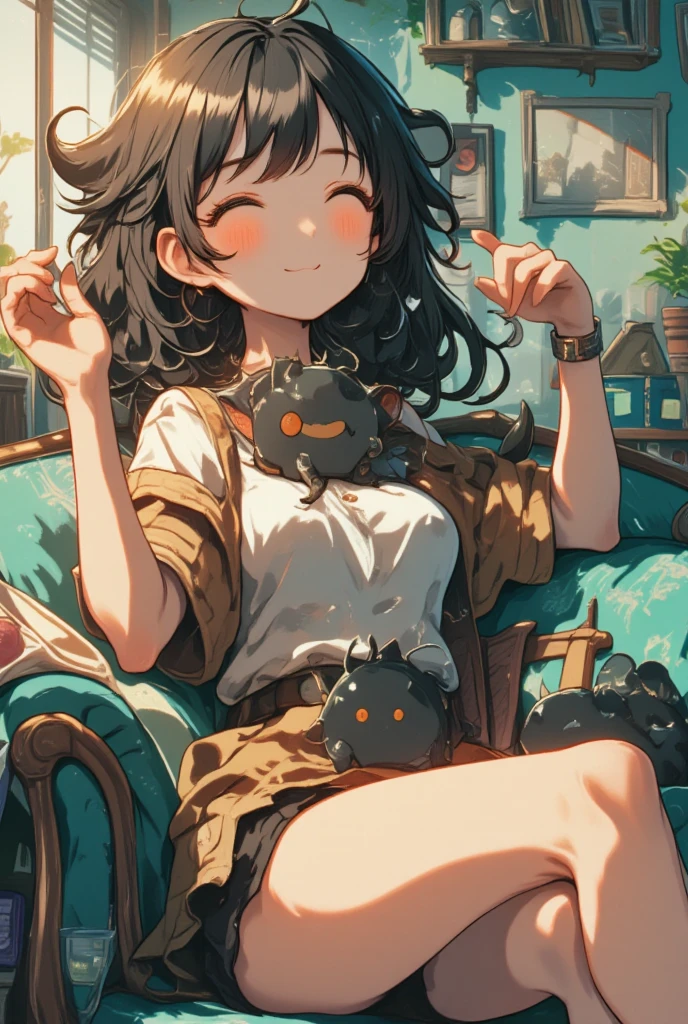 A woman dozing off on the sofa, a cute little demon sitting on her chest and waving with a smile, cute dream-like illustration art, ultra detailed, absolutely resolution, masterpiece