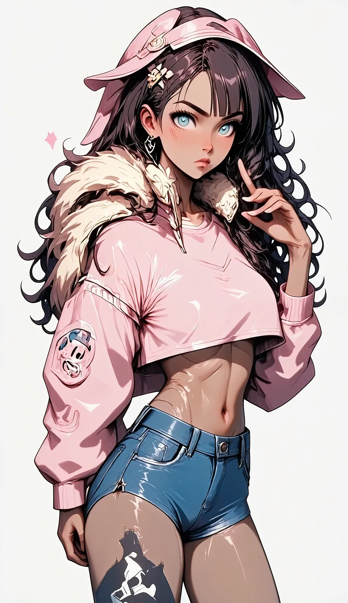 20 years,1 mature woman, hyperrealistic, 8K, ( extremely detailed crotch 8K ), ( very delicate and beautiful ), ( masterpiece), ( better quality:1.0), (ultra alta resolución:1.0), ( masterpiece, better quality),beautiful, black hair, cowboy shot ,white background,realistic look,Crop top, denim shorts , striped knee length socks,Model posing, big breasts,Excited,pink nail , dark skin