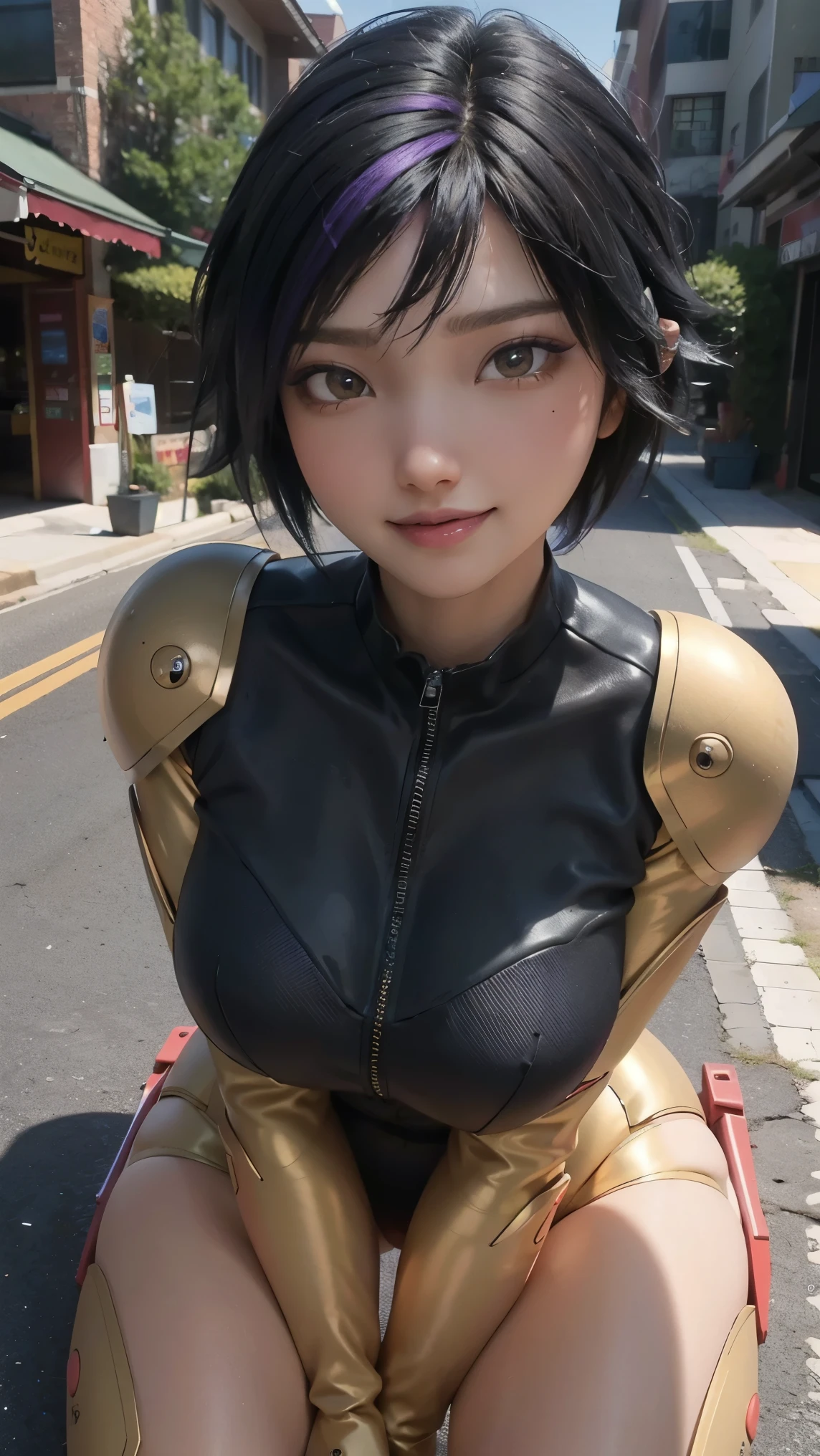 Gogo tomago,(best qualityer,4K,8k,high resolution,work of art:1.2)(weather: cloudy), Mondstadt city background, downtown streets, mecha armor, black bodysuit, black leggings with red linings, yellow chest and arms mecha armor, knee high yellow mecha armor boots, cheek mole, short wavy hair, black hair with purple highlight, ultra detailed, realistic, portrait,beautiful detailed brown eyes, glowing eyes,blush,beautiful detailed lips,extremely detailed eye and face, long eyelashes,sexy,average, medium breasts,beaming smile, flirty smile, powerful girl, flexing pose, stunning curves, bright coloured, dramatic lighting,