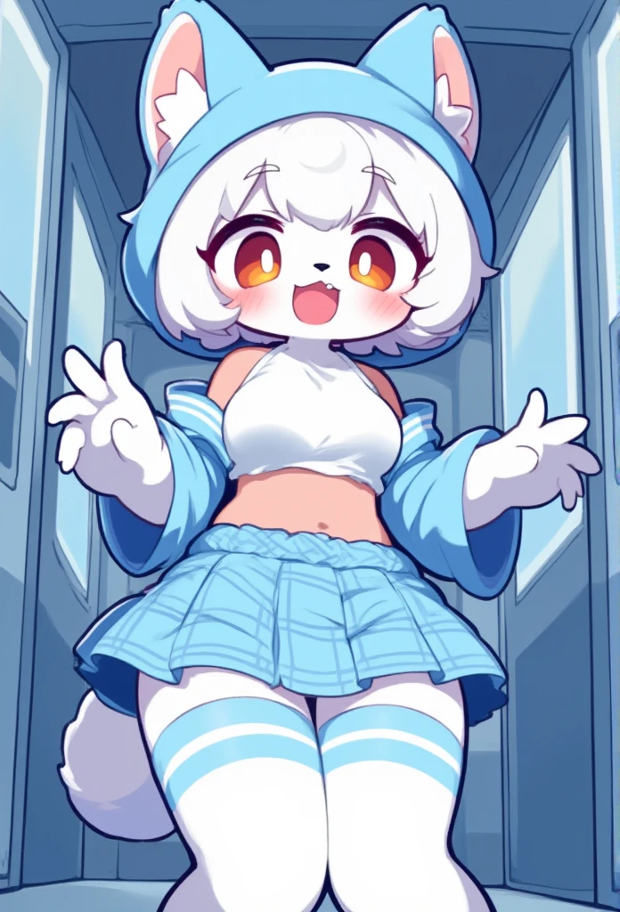 1furry girl, li, long white stockings with light blue stripes on the thighs, light blue plaid skirt, short white shirt,the shirt does not cover the abdomen, with black tie, light blue cat hat , short white hair, blushing face,open doors, provocative pose, excited face, cute face,  