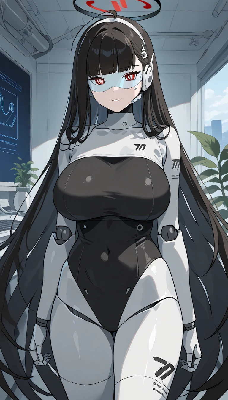 masterpiece, best quality, extremely detailed, (8K, 4K, Best Quality, hight resolution, 超A high resolution:1.1), ,8k portrait, Japaese android Girl,Plump , dark black leg cover,announcer,control panels,android,Droid,Mechanical Hand, Robot arms and legs, Black Robot Parts,Black long hair,Mechanical body,Blunt bangs,perfect mechanical abdomen,White robotics parts,perfect robot woman,future laboratory,cyber pank,charging spot,laboratory,long tube,thick cable connected her neck,white ceramic body ,perfect mechanical body, white robot body,lod antenna,mechanical ear cover,android,robot humanoid,black sponge joints,The removable cover is in the groin,The connection port is in the groin,opened chest panel,access panel on the chest,opened breast panel,perfect mechanical breast,perfect black machine body,perfect black android body,She has repaired,assembly plant,smile,no human skin,visor,mistyrobot,rio(blue archive),dress