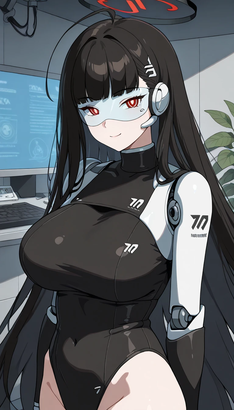 masterpiece, best quality, extremely detailed, (8K, 4K, Best Quality, hight resolution, 超A high resolution:1.1), ,8k portrait, Japaese android Girl,Plump , dark black leg cover,announcer,control panels,android,Droid,Mechanical Hand, Robot arms and legs, Black Robot Parts,Black long hair,Mechanical body,Blunt bangs,perfect mechanical abdomen,White robotics parts,perfect robot woman,future laboratory,cyber pank,charging spot,laboratory,long tube,thick cable connected her neck,white ceramic body ,perfect mechanical body, white robot body,lod antenna,mechanical ear cover,android,robot humanoid,black sponge joints,The removable cover is in the groin,The connection port is in the groin,opened chest panel,access panel on the chest,opened breast panel,perfect mechanical breast,perfect black machine body,perfect black android body,She has repaired,assembly plant,smile,no human skin,visor,mistyrobot,rio(blue archive),dress