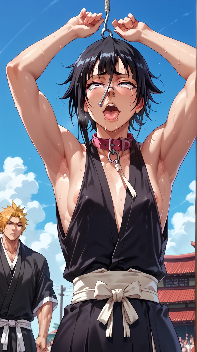 a picture, inspired by Kentaro Miura, trending on pixiv, soifon from bleach, black uniform, favorite scene, fine details, skins, sweating, small breasts, both hands raised, armpits, (small head),armpits visible, dripping with sweat, more more sweat, ((Japanese clothes)),open mouth,rolling eyes,muscle,kneel down,open legs,For the audience, (muscle:1.2),Looking at the audience, tired, (small breasts),sexy body,perfect body,(drooling), tears, head wet, runny nose, black hair, dog collar,transparent nose hook.