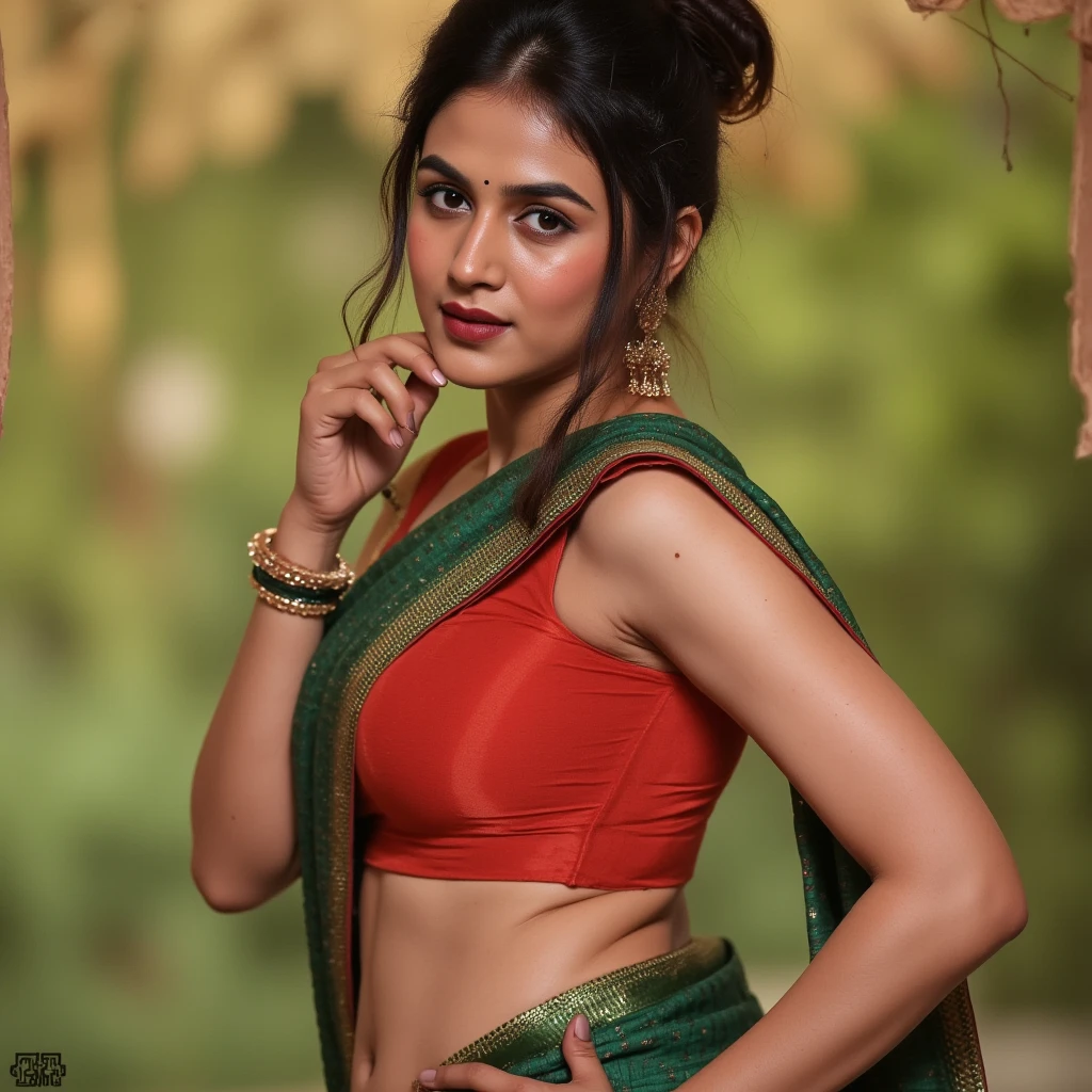 Lady Pretty like princess, Indian woman is wet, she is wearing dark green transparent saree on a bright red blouse, Large U Cut cleavage exposed, hair tied in a bun, tight boobs, she is leaning over to show her deep cleavage, red glossy lips, sharp Arabic eye makeup, curvy hips, narrow waistline, tight breasts, tight fit blouse, cinematic:1.3), intricate details, (ArtStation:1.2).