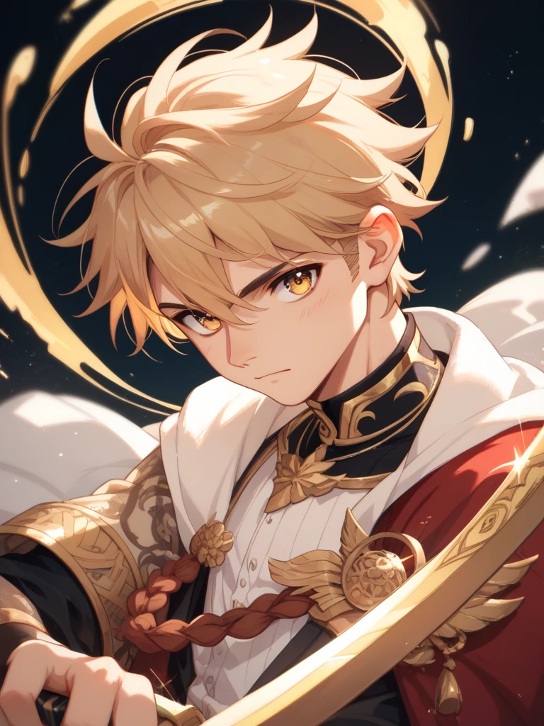  A 20-YEAR-OLD YOUNG MAN WITH BRAIDED BLOND HAIR, with golden eyes, USING A GOLDEN SWORD AND LARGE 