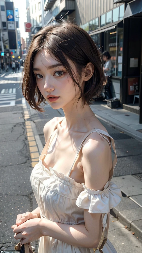 masterpiece, best quality, miranda, (halfbody shot,street lamps,moon),Masterpiece, 1girl, solo exhibition, beautiful woman on the bustling street, surrounded by hawkers, beautiful goddess girl portrait, beautiful and detailed face, porcelain skin, (((bust shot, center, night, black hair, short hair)), super soft lighting, symmetry, complexity, elegance, high detail, realism, art, concept art,