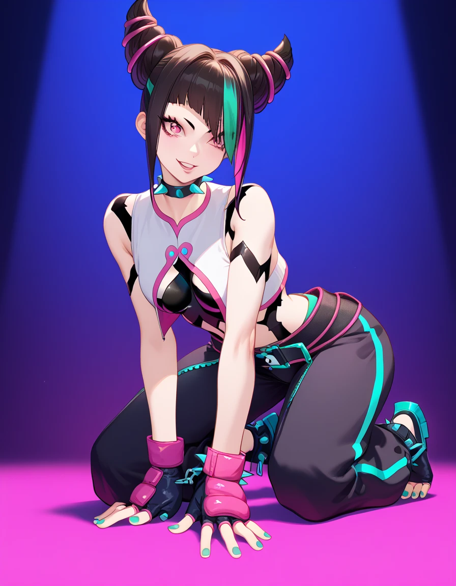 Juri Han on all fours now wears a tiny, sleeveless, cropped top in white with pink trim and a green zipper on the back. Black body tapes are threaded under the top, creating a spider pattern that extends down her torso and crotch. For the bottom, she chooses unconventional black baggy pants with pink and neon teal trim and a distinctive large crotch cutout that reveals her white tights underneath. The pants also have green zippers on the medial side of the legs. her right eye remains purple, but her left eye is green Juri's accessories include black fingerless gloves and ankle cuffs, all with thick pink padding. Four black bracelets with neon teal spikes adorn her wrists and ankles, with a matching spiked choker around her neck. Loosely wrapped around her waist is an extra-long black belt with pink trim and a Taiji motif on the buckle. Her fingernails and toenails are painted neon teal. She also carries a smartphone in a light pink case with two horns to match her hairstyle. Juri standing now wears a tiny, sleeveless, cropped top in white with pink trim and a green zipper on the back. Black body tapes are threaded under the top, creating a spider pattern that extends down her torso and crotch. For the bottom, she chooses unconventional black baggy pants with pink and neon teal trim and a distinctive large crotch cutout that reveals her white tights underneath. The pants also have green zippers on the medial side of the legs. her right eye remains purple, but her left eye is green Juri's accessories include black fingerless gloves and ankle cuffs, all with thick pink padding. Four black bracelets with neon teal spikes adorn her wrists and ankles, with a matching spiked choker around her neck. Loosely wrapped around her waist is an extra-long black belt with pink trim and a Taiji motif on the buckle. Her fingernails and toenails are painted neon teal. She also carries a smartphone in a light pink case with two horns to match her hairst