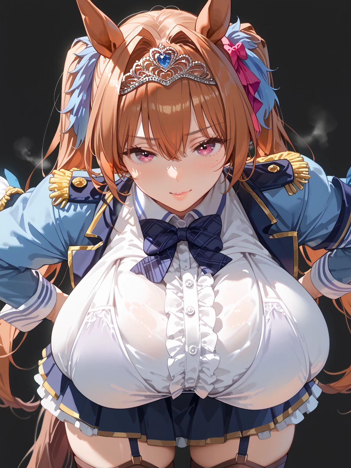 pov view, solo focus, black background, expressive, Expressive, tall woman, steamy, standing, 1girl, mature female,hmsymbo, daiwadef, twintails, tiara, horse ears, underbust, center frills, bowtie, epaulettes, long sleeves, skirt, thighhighs, horse tail, spread arms, half-closed eyes, leaning forward,
 One girl , Improve, 1 person,  gigantic breast, sagging breast,   huge breasts,  huge breasts,  score_9_ up,  score_8_ up,  score_7_ up, masterpiece,  is very beautiful, 