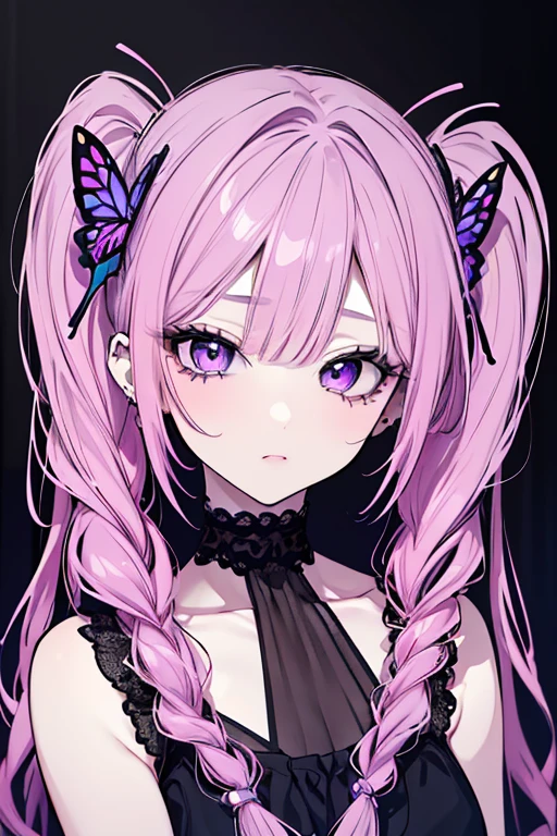 1girl,solo,long hair,jewelry,earrings,purple hair,purple eyes,parted lips,gem,butterfly,bug,bangs,upper body,black background,pink nails,purple nails,collarbone,hair between eyes,portrait,looking at viewer,purple gemstone,nail polish,eyelashes,crystal,purple theme,hand on own chest,pink hair,hy-style,beautiful eyes,