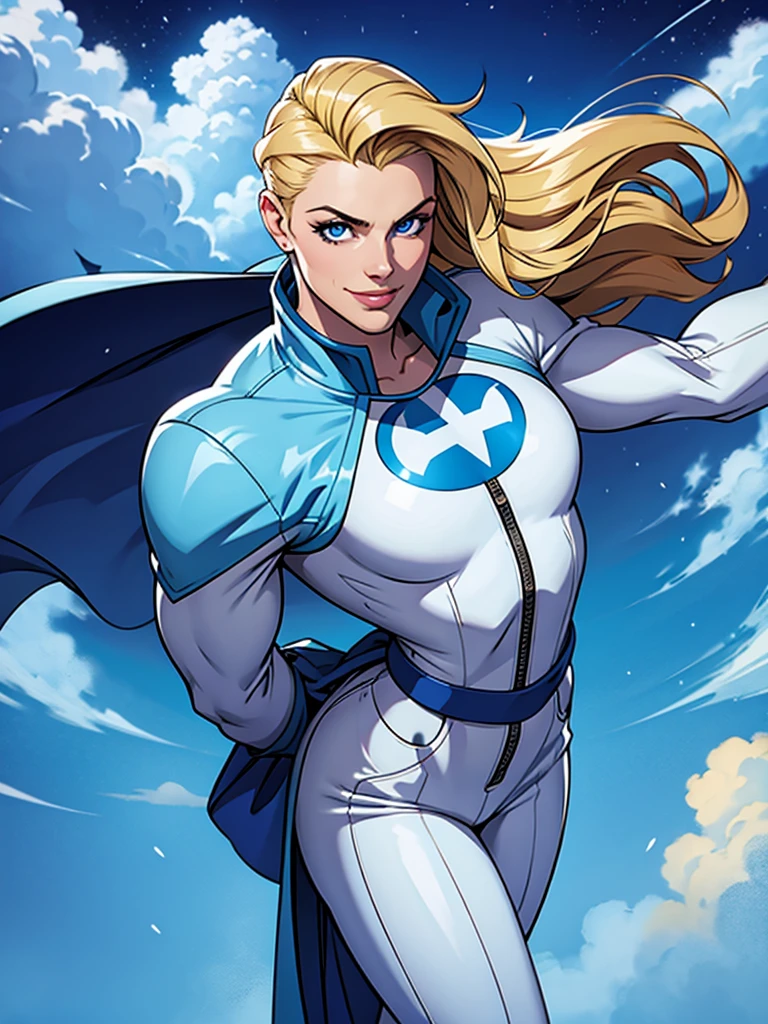 1 garota, Emma Frost, cabelo loiro, Espartilho Branco, capa branca, decote, luvas de cotovelo, meias altas, fundo gradiente simples 