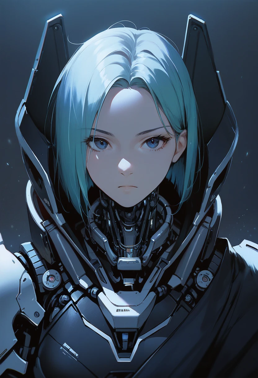 One woman, mature, anime, female anime character, dark eyes, expressionless, black short spiky hair, sharp face,artificial skin, black slim mechanical body frame, small chest, black cloak, elster, cyborg , mechanical jaw, mechanical neck, robotic, detailed anime character art, dark, facing center, close-up portrait, sharp focus, zPDXL3.