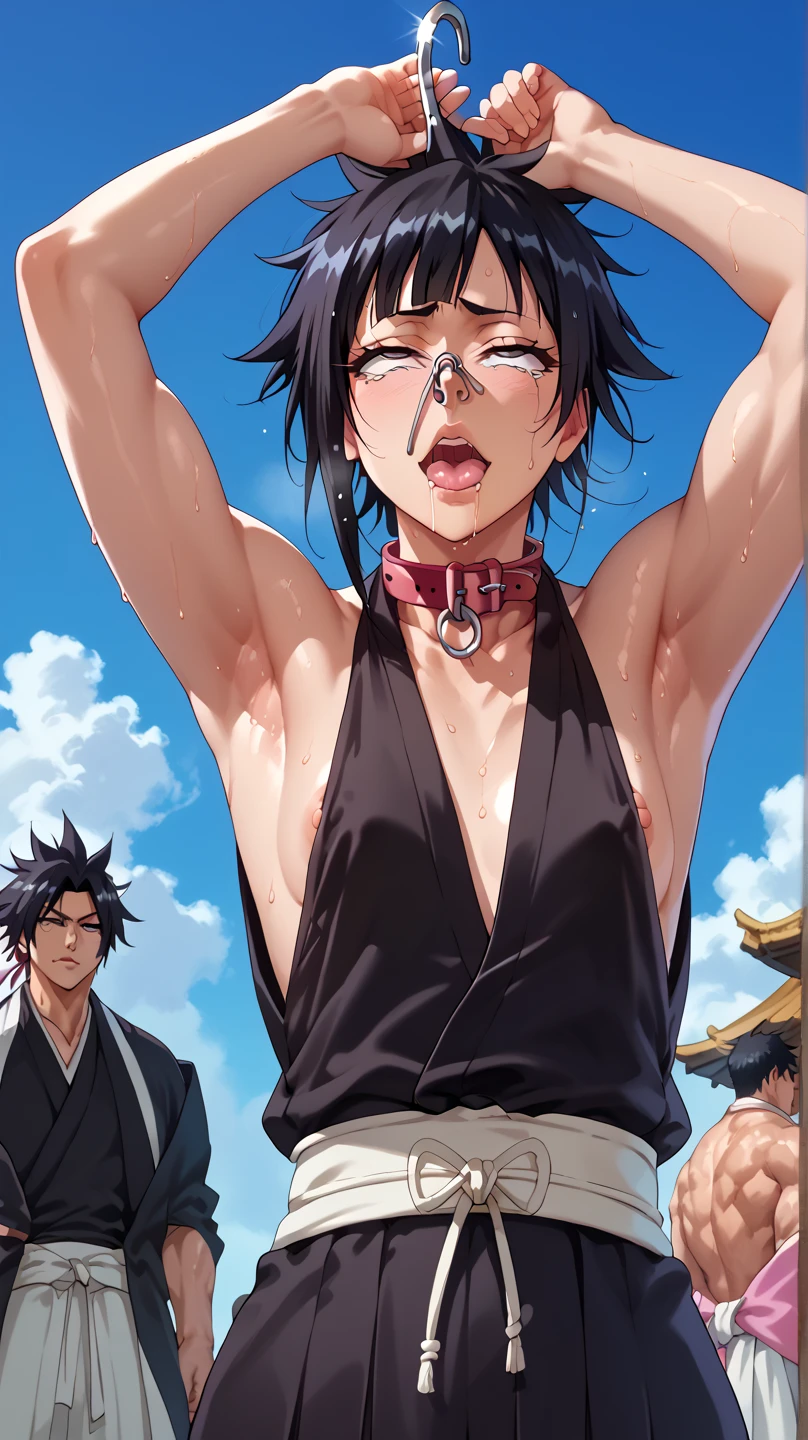 a picture, inspired by Kentaro Miura, trending on pixiv, soifon from bleach, black uniform, favorite scene, fine details, skins, sweating, small breasts, both hands raised, armpits, (small head),armpits visible, dripping with sweat, more more sweat, ((Japanese clothes)),open mouth,rolling eyes,muscle,kneel down,open legs,For the audience, (muscle:1.2),Looking at the audience, tired, (small breasts),sexy body,perfect body,(drooling), tears, head wet, runny nose, black hair, dog collar,transparent nose hook.