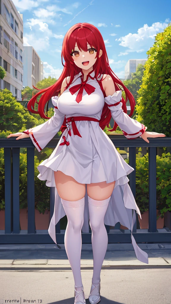 masterpiece, best quality, high quality, girl, solo, looking at viewer, enjou_retto, Red hair, Brown Eyes, large breasts, white dress, detached sleeves, blue thighhighs, standing, outdoors, smile, open mouth,