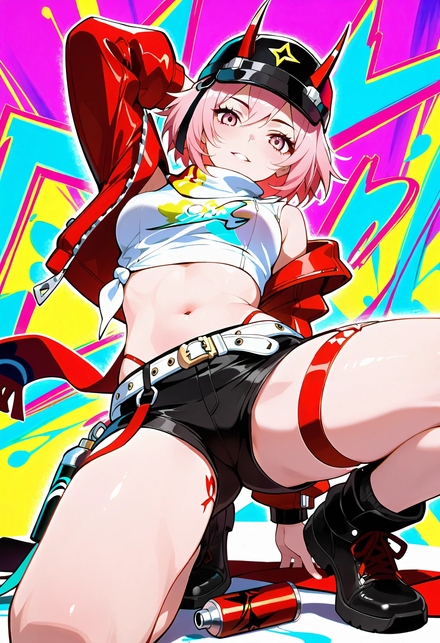 Pink short hair, wearing a red-black cap with two sharp red horns, short cream turtleneck shirt with graffiti art on left chest tied on right chest, red mini zip jacket with long right sleeve, bicep cutout, exposed navel, exposed stomach, black shorts with belt, shuriken shaped belt head, spray can hanging on right waist, cyan star right thigh tattoo, red-yellow graffiti scarf, red thigh strap a little above knee, one breast out, vagina cutout, masturbating