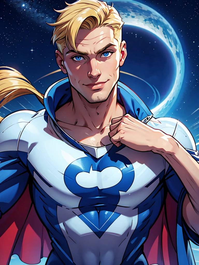 a superhero male, blonde hair, blue eyes, smiling, white and blue jumpsuit, blue cape, saturn icon on the jumpsuit, flying, 
 beautiful sky, beautiful city, score_9, score_8_above, score_7_above, zPDXL3,