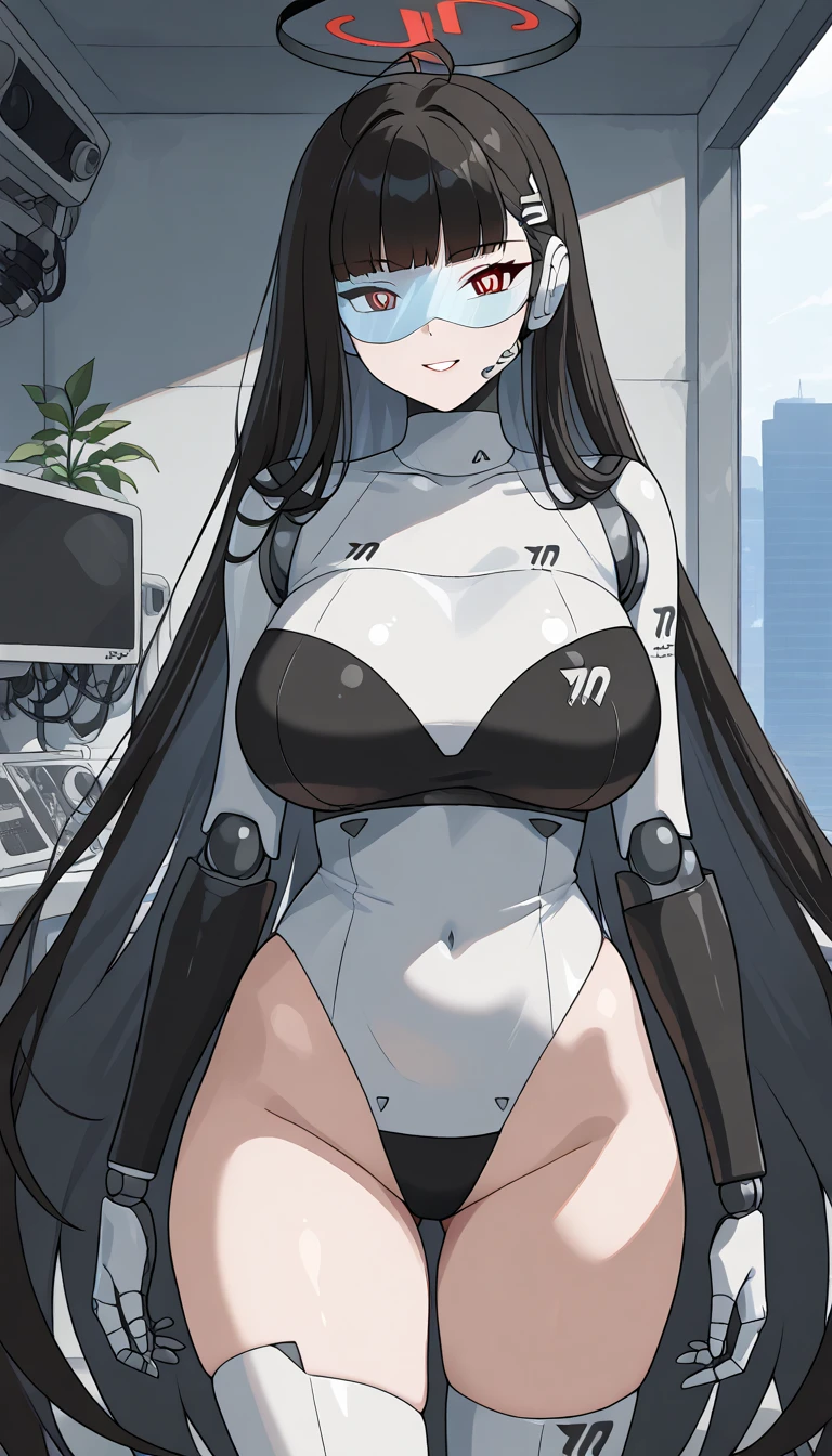 masterpiece, best quality, extremely detailed, (8K, 4K, Best Quality, hight resolution, 超A high resolution:1.1), ,8k portrait, Japaese android Girl,Plump , dark black leg cover,announcer,control panels,android,Droid,Mechanical Hand, Robot arms and legs, Black Robot Parts,Black long hair,Mechanical body,Blunt bangs,perfect mechanical abdomen,White robotics parts,perfect robot woman,future laboratory,cyber pank,charging spot,laboratory,long tube,thick cable connected her neck,white ceramic body ,perfect mechanical body, white robot body,lod antenna,mechanical ear cover,android,robot humanoid,black sponge joints,The removable cover is in the groin,The connection port is in the groin,opened chest panel,access panel on the chest,opened breast panel,perfect mechanical breast,perfect black machine body,perfect black android body,She has repaired,assembly plant,smile,no human skin,visor,mistyrobot,rio(blue archive),dress