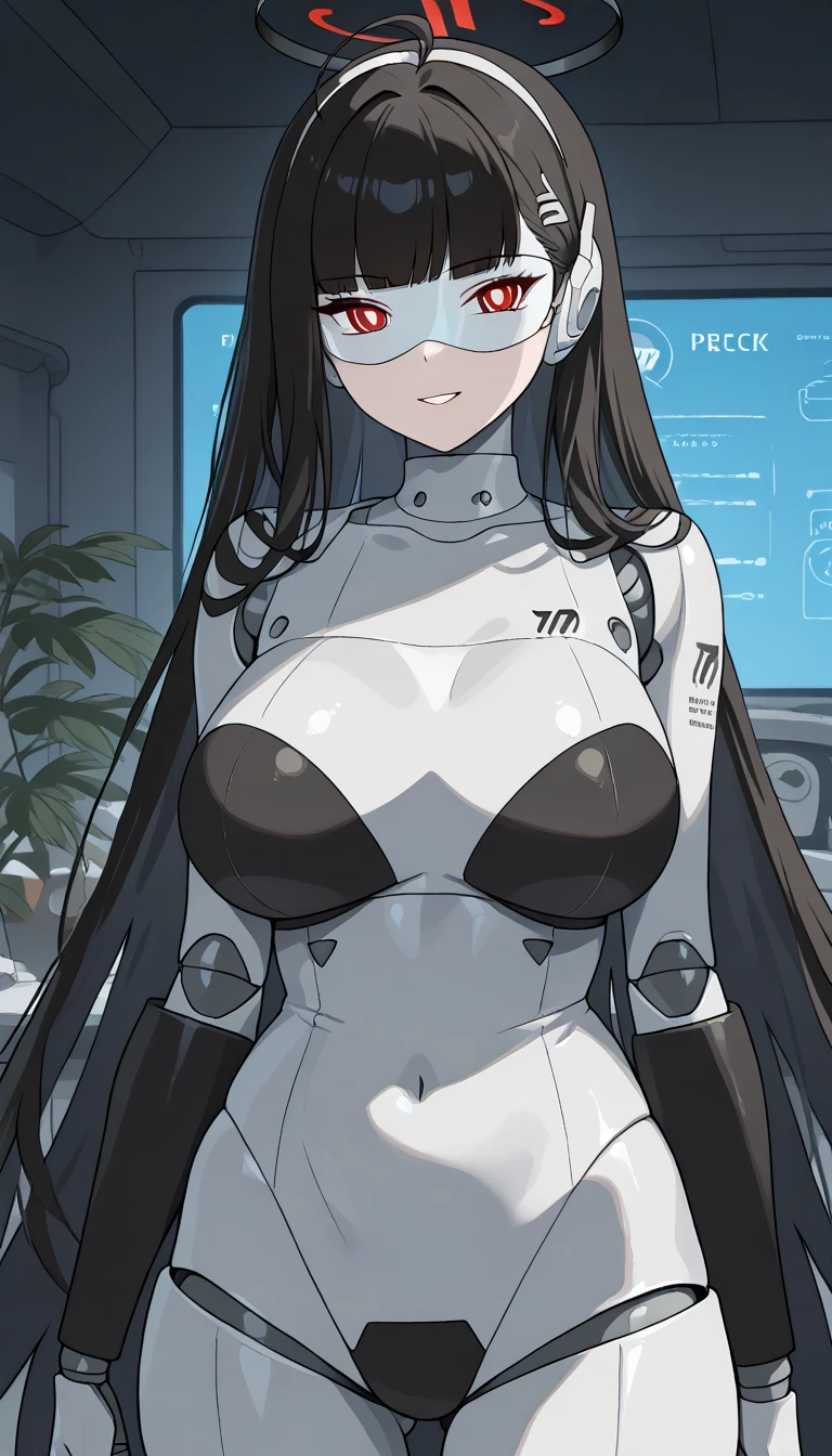 masterpiece, best quality, extremely detailed, (8K, 4K, Best Quality, hight resolution, 超A high resolution:1.1), ,8k portrait, Japaese android Girl,Plump , dark black leg cover,announcer,control panels,android,Droid,Mechanical Hand, Robot arms and legs, Black Robot Parts,Black long hair,Mechanical body,Blunt bangs,perfect mechanical abdomen,White robotics parts,perfect robot woman,future laboratory,cyber pank,charging spot,laboratory,long tube,thick cable connected her neck,white ceramic body ,perfect mechanical body, white robot body,lod antenna,mechanical ear cover,android,robot humanoid,black sponge joints,The removable cover is in the groin,The connection port is in the groin,opened chest panel,access panel on the chest,opened breast panel,perfect mechanical breast,perfect black machine body,perfect black android body,She has repaired,assembly plant,smile,no human skin,visor,mistyrobot,rio(blue archive),dress