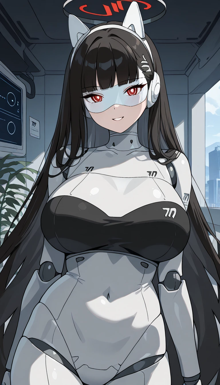 masterpiece, best quality, extremely detailed, (8K, 4K, Best Quality, hight resolution, 超A high resolution:1.1), ,8k portrait, Japaese android Girl,Plump , dark black leg cover,announcer,control panels,android,Droid,Mechanical Hand, Robot arms and legs, Black Robot Parts,Black long hair,Mechanical body,Blunt bangs,perfect mechanical abdomen,White robotics parts,perfect robot woman,future laboratory,cyber pank,charging spot,laboratory,long tube,thick cable connected her neck,white ceramic body ,perfect mechanical body, white robot body,lod antenna,mechanical ear cover,android,robot humanoid,black sponge joints,The removable cover is in the groin,The connection port is in the groin,opened chest panel,access panel on the chest,opened breast panel,perfect mechanical breast,perfect black machine body,perfect black android body,She has repaired,assembly plant,smile,no human skin,visor,mistyrobot,rio(blue archive),dress