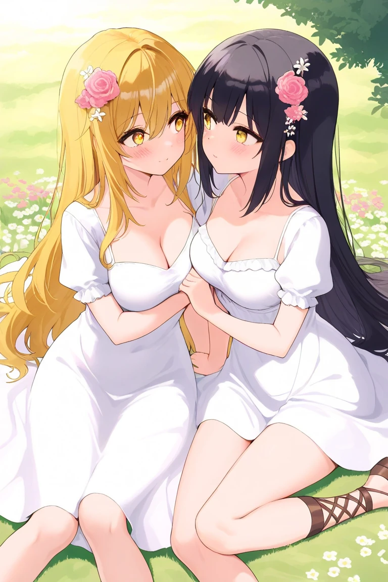 (masterpiece), best quality, expressive eyes, perfect face,anime ,two anime woman hugging and laying down in the grass with flowers around them, breasts, multiple girls, flower, 2girls, dress, blonde hair, long hair, yuri, white dress, cleavage, sitting, hair flower, looking at another, pink flower, hair ornament, short sleeves, blush, black hair, yellow eyes, outdoors, puffy sleeves, puffy short sleeves, medium breasts