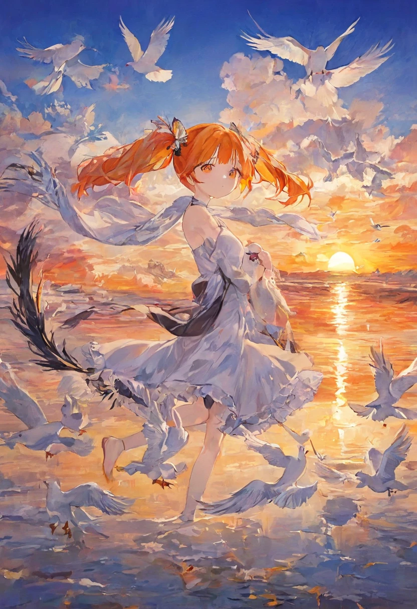  1 girl、 twin tails(( Silver Hair、 orange hair))、Feather hair ornament、 fashionable clothes、Sunset sky、White doves and crows are flying