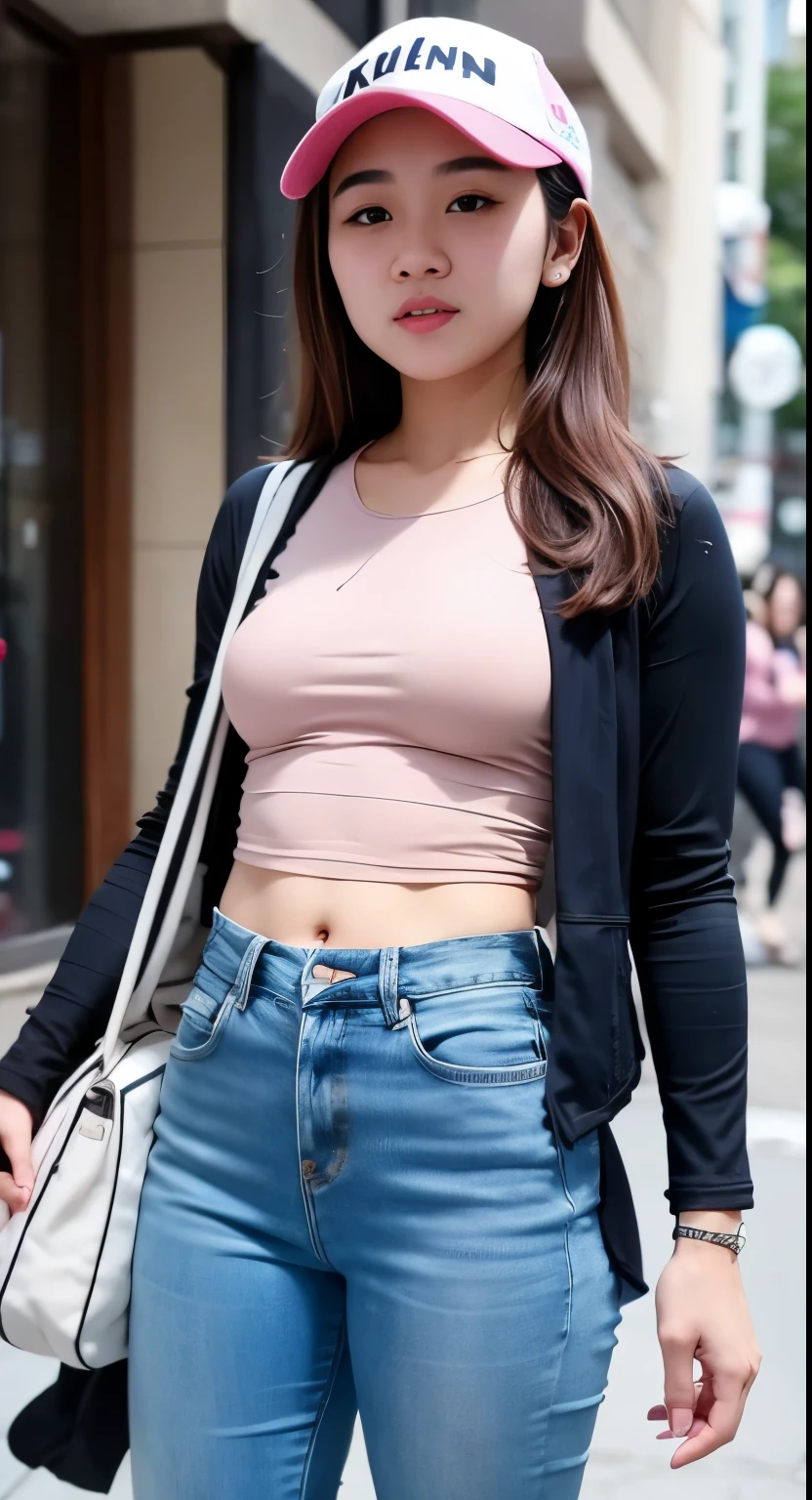 1girl, she wearing pink jean pants, and red sticky tight leather crop top, wearing pink nike shoes, 22 years old, smiling face, adult face, 4k,8k style, realistic, crowded, Red long hair,walking in downtown((( two nipple seen))