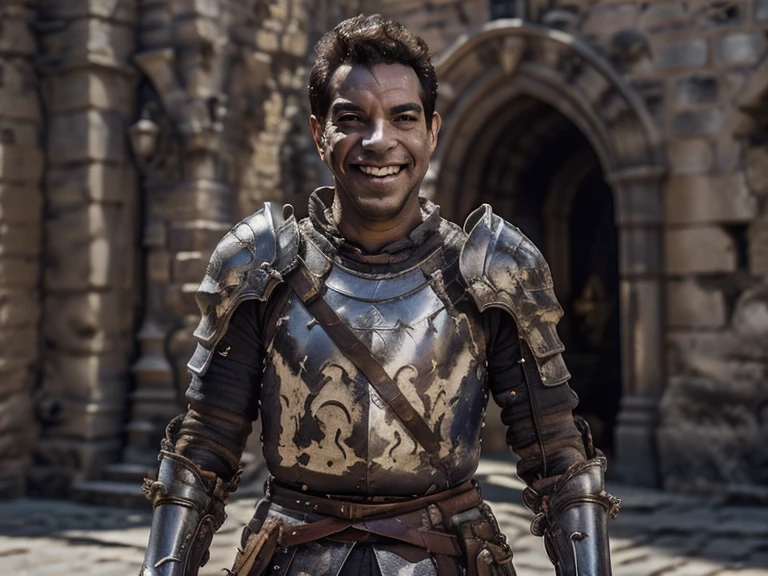 ( better quality:1.3), ,  masterpiece, (  sharp focus:1.5), (natural:1.3), medium portrait ( cantinflas outside a castle  , smile,  proud and fierce , using medieval armour , without helmet.  Gives the scene a luminous atmosphere), day, ( highly refined armor ),  volumetric lighting ,   intricate details ,  Ultra High Definition Briefs , 