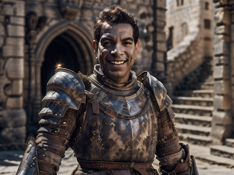 ( better quality:1.3), ,  masterpiece, (  sharp focus:1.5), (natural:1.3), medium portrait ( cantinflas outside a castle  , smile,  proud and fierce , using medieval armour , without helmet.  Gives the scene a luminous atmosphere), day, ( highly refined armor ),  volumetric lighting ,   intricate details ,  Ultra High Definition Briefs , 