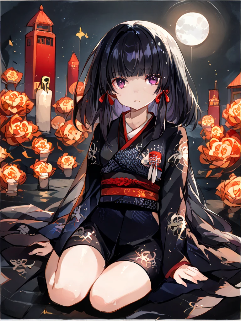  beautiful girl、super long hair with legs 、 black hair、 cute black kimono gothic、 sit on the floor、Full moon background、Shrine Background、 Japanese Knife 、 No Emotion、 looks up、 purple eyes、 One girl ,  high res,  minimalist,  top quality ,  elementary school students、